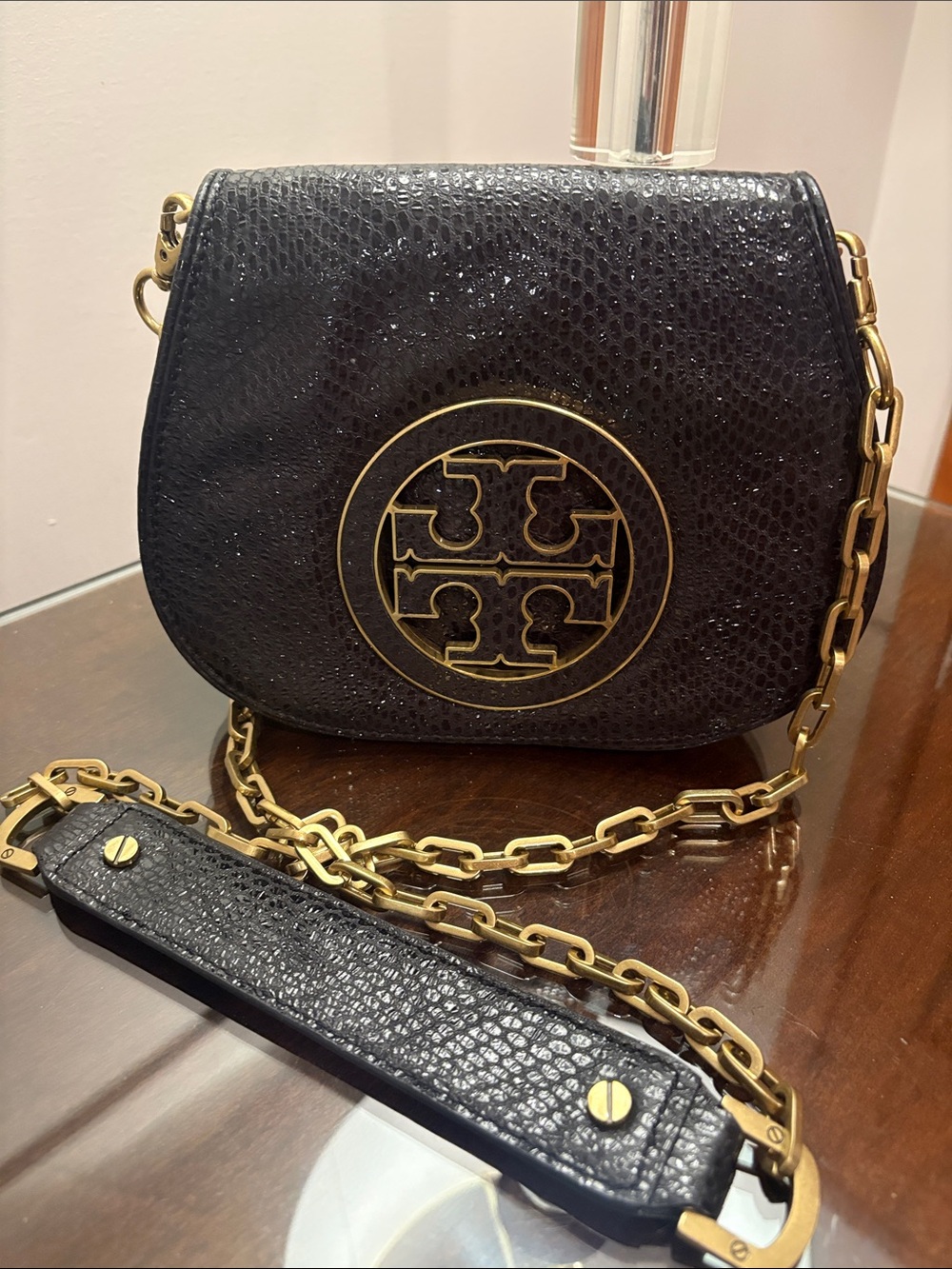 Tory Burch Black Pebbled Leather Logo Chain Crossbody